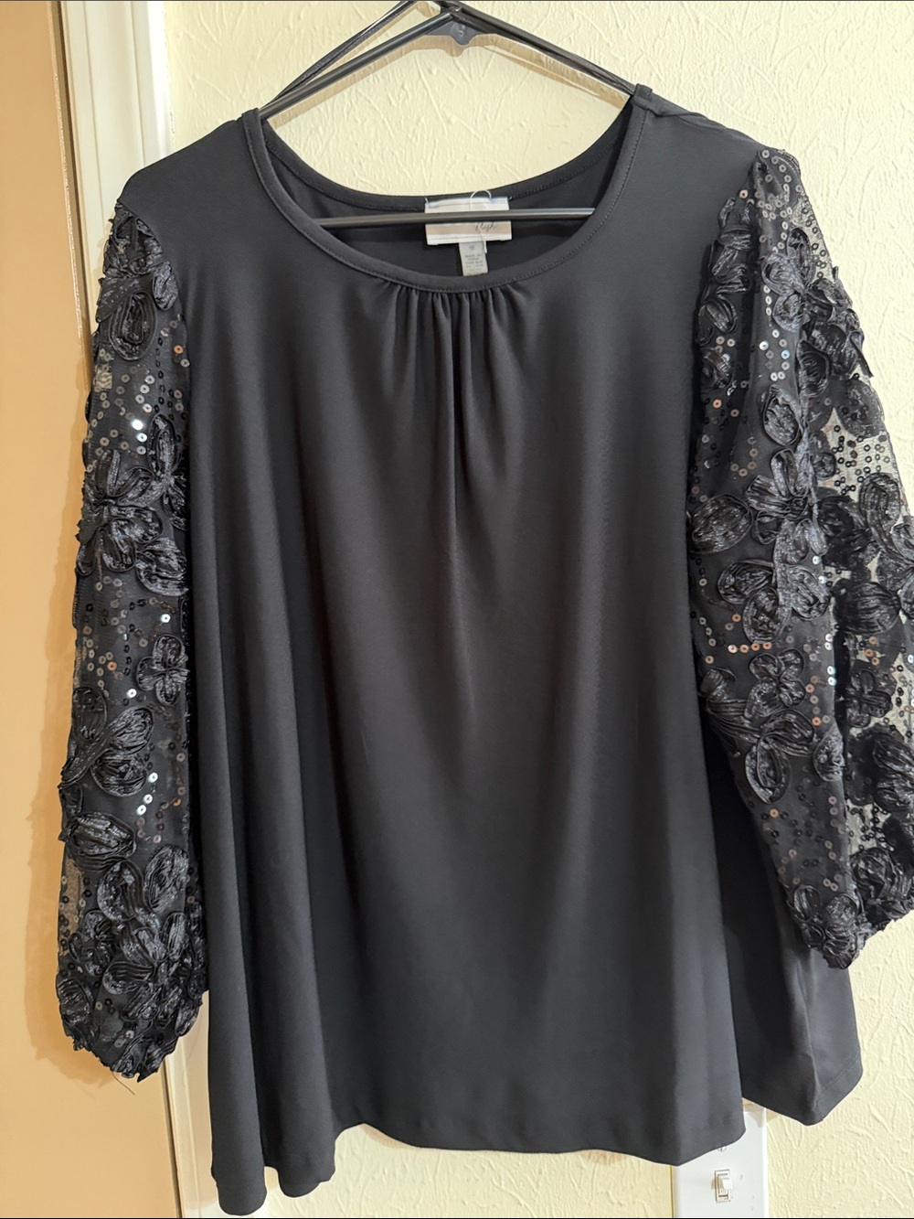 Cupio Black Sequin Floral Sleeve Blouse